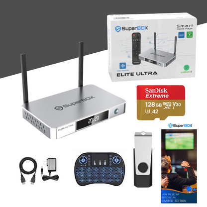 Latest 2024 Super Box Elite Ultra Android 12 Streaming TV Box with Voice Control & Backlit Mini Keyboard - 6K HD, 4GB RAM, 128GB Storage, 1 Gbps Ethernet - Enhanced UI & Functionality